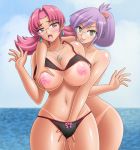  2_girls 2girls :p bare_shoulders beach belly bra bra_lift breast_grab breast_squeeze breasts breasts_out breasts_outside breath brown_eyes character_request earrings female female_only fingering glasses grabbing hair hair_up hand_in_panties hitomi_(pokemon) huge_breasts jewelry kei_(milky_well) kurumi_(pokemon) looking_at_viewer masturbation midriff moaning mound_of_venus multiple_girls navel necklace nipples nude ocean open_mouth panties pink_hair pokemon purple_hair pussy_juice red_eyes red_hair saliva sea short_hair tan tan_line tongue tongue_out underwear yuri 