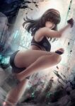 1girl alluring axsens bare_shoulders big_breasts breasts brown_hair dead_or_alive female_only hitomi hitomi_(doa) looking_at_viewer medium_breasts medium_hair pose shorts silver_eyes solo_female sports_bra sportswear tecmo