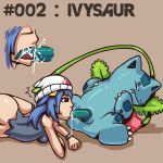  1female 1girl bottomless cum cum_in_mouth dawn dawn_(pokemon) fellatio female female_human female_human/male_pokemon hikari_(pokemon) human/pokemon internal interspecies ivysaur male_pokemon no_panties oral partially_clothed penis_in_mouth pokemon pokephilia selty 
