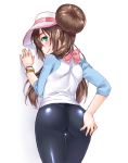 1girl against_wall ass ass_grab big_breasts blue_eyes blush bow brown_hair cowboy_shot creatures_(company) female_protagonist_(pokemon_bw2) from_behind game_freak grabbing_own_ass green_eyes hair_bun hairbun hat humans_of_pokemon leggings long_hair looking_at_viewer looking_back mei_(pokemon) nintendo pantyhose pokemon pokemon_(anime) pokemon_(game) pokemon_black_2_&amp;_white_2 pokemon_black_and_white pokemon_bw pokemon_bw2 porkyman raglan_sleeves rosa_(pokemon) sato3 shiny shiny_clothes shouni_(sato3) simple_background skin_tight smile solo thigh_gap visor_cap white_background