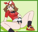 1girl :d arm arm_support arms art ass babe bandana bandanna bare_legs big_breasts black_socks blue_eyes blush bottomless breasts brown_hair cleavage female_masturbation gloves green_background happy knee_up leaning leaning_back legs looking_at_viewer masturbation may_(pokemon) naked_from_the_waist_down neck nintendo open_mouth pokemon pokemon_(anime) pokemon_(game) pokemon_rse pussy red_bandana red_bandanna red_shirt shadow shirt short_hair short_sleeves smile sneakers socks tsumitani_daisuke uncensored
