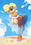  1girl 2019 anthro areola ass bandicoot bent_over big_breasts black_nose blonde_hair breasts clothed clothing cloud coco_bandicoot crash_bandicoot_(series) digital_media_(artwork) don_ko flower flower_in_hair footwear furry green_eyes hair hanging_breasts high_heels high_res jeans looking_at_viewer mammal marsupial nipples off_shoulder outside pants plant shirt shoes sky smile video_games 