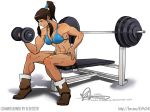 1girl abs avatar:_the_last_airbender barbell biceps bikini blue_bikini blue_eyes boots breasts brown_hair cleavage dark-skinned_female dark_skin dumbbell elee0228 exercise female_only hair_tubes highres korra long_hair muscle muscular muscular_female ponytail scruballz sitting smile solo solo_female swimsuit the_legend_of_korra thek40 topknot twin_tails watermark web_address weightlifting weights
