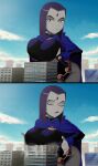  1girl big_breasts breast_hold breasts building dc_comics destruction female_only giant_breasts giantess huge_breasts raven_(dc) ravenravenraven solo_female teen_titans thick_thighs 