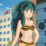  80s animated animated_gif anime assisted_exposure bikini bikini_top_removed bikini_top_stolen breasts cap gif green_hair horns lowres lum lum_invader nipples screencap solo swimsuit tiger_print urusei_yatsura 