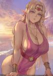  1girl alluring big_breasts blonde_hair female_focus female_only green_eyes high_res high_resolution long_hair necklace nintendo pointy_ears princess_zelda shexyo sunset tagme the_legend_of_zelda video_game_character voluptuous zelda_(a_link_between_worlds) 