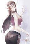  alluring ass big_breasts breasts brown_hair fully_clothed leggings long_hair looking_at_viewer looking_back midriff nintendo pointy_ears princess_zelda sideboob sword the_legend_of_zelda thick_ass tommietomm twilight_princess volutpuous yoga_pants zelda_(twilight_princess) 