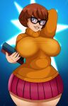  1girl 1girl alternate_version_available arm_behind_head bangs big_breasts big_breasts blue_background blush breasts brown_eyes brown_hair chubby clothed clothed_female clothing female_focus female_only freckles glasses grin grin hair hanna-barbera high_res high_res holding_book holding_object light-skinned_female light_skin long_sleeves looking_at_viewer nipple_outline scooby-doo short_hair simple_background skirt smile solo_female solo_focus sonson-sensei standing sweater tagme teen thick_thighs turtleneck velma_dinkley wide_hips 