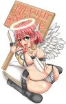  1girl angel angel_wings ass breasts detached_sleeves green_eyes halo open_mouth original pink_hair sign sitting smile solo striped_panties 