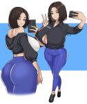  1girl 1girl ass ass big_ass big_ass big_breasts big_breasts black_hair blue_eyes bob_cut breasts button_gap center_opening clothed_female drogod_(artist) female_focus female_only hips huge_ass huge_ass huge_breasts large_ass large_butt open_shirt phone samsung samsung_sam selfpic short_hair sideboob solo_female solo_focus tagme thick thick_ass thick_thighs thighs tight_clothing tight_pants wide_hips 