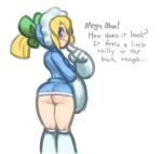  1girl android ass blonde_hair blue_eyes blush bottomless capcom coat cosplay drawfag dress english gloves green_eyes grin hair_ribbon hood ice_climber ice_climber_(cosplay) long_hair long_sleeves looking_at_viewer looking_back mega_man megaman nintendo no_panties noill open_mouth ponytail popo_(ice_climber) ribbon rockman rockman_(classic) roll_(rockman) simple_background smile solo undersized_clothes white_background winter_clothes 