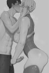 1boy 1girl abs artoria_pendragon_(lancer) ass bangs black_hair blonde_hair blush braid breasts breasts_out closed_eyes dominant_male erect_nipple erect_penis erection fate/grand_order fate_(series) fit_male from_side fujimaru_ritsuka_(male) grey_background greyscale half-dressed handjob hetero highres kissing leotard lvl_(sentrythe2310) male male/female monochrome narrow_shoulders nipples nude_male penis penis_grab sideboob simple_background uncensored 