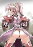  1girl armor ass blush bottomless clenched_teeth green_eyes long_hair pink_hair ponytail pussy solo 