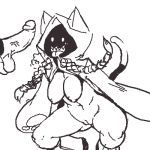  1girl aliasing animal_ears arc_system_works black_and_white blazblue breasts cat_ears cat_tail catgirl cleft_of_venus erection half_naked hanging_breasts hood large_breasts lowres monochrome noill penis pussy saliva sharp_teeth simple_background squatting tail taokaka tongue tongue_out twin_braids uncensored vagina white_background 