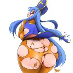 1girl amano_taiki ass blue_hair bodysuit breasts chunsoft dragon_quest dragon_quest_iii enix female_priest_(dq3) gloves high_res highres huge_ass huge_breasts long_hair looking_back mitre priest_(dq3) red_eyes shi_osuta_ooyake skindentation solo souryo_(dq3) tabard torn_clothes