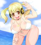  1girl abuno bent_over bikini blonde_hair breasts cleavage cloud headphones huge_breasts jewelry long_hair looking_at_viewer necklace nitroplus ocean open_mouth orange_eyes outdoors plump sky smile solo star super_pochaco swimsuit twin_tails twintails water wavy white_bikini white_swimsuit 