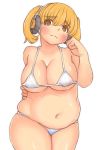 1girl belly big_breasts bikini blonde_hair blush bou_(starless2323) breasts brown_eyes cleavage fusa_(starless2323) hand_on_hip headphones jewelry large_breasts long_hair micro_bikini necklace nitroplus orange_eyes plump skindentation solo starless2323 super_pochaco swimsuit twin_tails twintails underboob