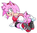  1girl amy_rose anthro anus ass breasts clothed clothing disembodied_hand duo furry hand_on_butt hedgehog mammal open_mouth pussy pussy_juice sega simple_background solo_focus sweat watatanza 