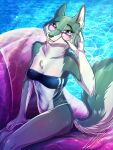  1girl 1girl 2022 absurd_res alluring anthro breasts canid canine canis chest_tuft clothing elbow_tufts eyebrows eyelashes eyewear fur grey_body grey_fur gris_swimsuit high_res illumination illumination_entertainment inner_ear_fluff looking_at_viewer lupiarts mammal meme meme_clothing navel one-piece_swimsuit open_mouth porsha_crystal shoulder_tuft sing_(movie) sitting small_breasts sunglasses swimwear translucent translucent_clothing translucent_swimwear tuft water white_body white_fur wolf yellow_eyes 