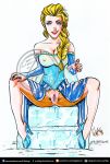  1girl blonde_hair blue_eyes braid dress elsa elsa_(frozen) female female_only frozen_(movie) hairless_pussy high_heels looking_at_viewer no_bra no_panties partially_clothed pussy see-through sitting solo spread_legs w-arting 