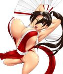  1girl alluring big_breasts bouncing_breasts breasts covered_nipples erect_nipples fan fatal_fury king_of_fighters large_breasts ml no_bra open_mouth ponytail shiranui_mai simple_background smile snk solo voluptuous white_background wink 
