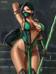  1girl alluring alternative_body_build artist_logo bracelet breasts cleavage detailed_background female_abs flowerxl gloves green_clothing green_eyes green_hair hair_ribbon hand_behind_head jade_(mortal_kombat) light-skinned_female long_hair looking_at_viewer midway_games mortal_kombat shoes thick_thighs thunder_thighs 