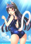  1girl animal_ears ass beach blush cat_ears cat_tail cloud female from_behind gokou_ruri hime_cut in_heat long_hair looking_back mikamin mole one-piece_swimsuit open_mouth ore_no_imouto_ga_konna_ni_kawaii_wake_ga_nai paw_pose purple_hair red_eyes school_swimsuit sky solo sparkle swimsuit tail tongue very_long_hair 