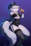  1girl 1girl 2022 5_fingers absurd_res alluring anthro beverage breasts bubble_tea canid canine canis clothed clothing fingers high_res holding_object illumination illumination_entertainment legwear mammal monian navel porsha_crystal sing_(movie) teeth wolf yellow_eyes 