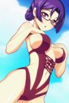  1girl big_breasts breast_suppress breasts breasts_apart caryo casual_one-piece_swimsuit from_below glasses large_breasts looking_at_viewer looking_down lowres nanashino navel one-piece_swimsuit parted_lips purple-framed_glasses purple_eyes purple_hair ridget_(suisei_no_gargantia) semi-rimless_glasses solo suisei_no_gargantia swimsuit 