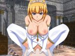1girl blonde_hair blue_eyes breasts censored clothed_sex girl_on_top gloves luka_(mon-musu_quest!) male/female mon-musu_quest! monster_girl_quest nipples pov sara_(mon-musu_quest!) sex tiara vaginal