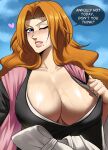  1girl 1girl 2022 absurd_res big_breasts bleach blue_eyes breasts cleavage clothed_female dialogue echosaber english_text female_focus female_only female_solo high_res huge_breasts long_hair matsumoto_rangiku mature mature_female orange_hair patreon patreon_paid patreon_reward shounen_jump solo_female solo_focus speech_bubble sweat sweaty_body sweaty_breasts tagme text text_focus 
