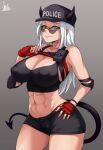  1girl abs bare_shoulders black_bra black_legwear breasts devil_girl devil_horns devil_tail erect_nipples feet_out_of_frame female_focus fit_female glasses grey_background hand_on_breast hand_on_hip hat helltaker high_resolution jmg jmg_partybean justice_(helltaker) legs lifting_clothing long_hair muscle muscular_female navel nipples nipples_visible_through_clothing plain_background police_hat pose red_gloves shorts smirk solo_female sunglasses thick_thighs thighs white_hair yellow_eyes 