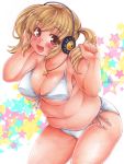  1girl big_breasts bikini blonde_hair breasts brown_eyes headphones jewelry kunseitamago large_breasts long_hair necklace nitroplus plump solo star super_pochaco swimsuit twin_tails twintails 