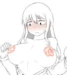  1girl blush breasts breasts_apart character_request copyright_request covered_nipples erect_nipples full-face_blush huge_breasts long_hair monochrome no_bra off_shoulder open_clothes open_shirt partially_colored pasties shirt solo sweatdrop tsukudani_(coke-buta) unbuttoned unbuttoned_shirt 