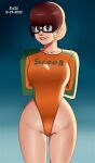  1_girl 1girl bespectacled bodysuit brown_hair clothed fellatio female female_human female_only freckles glasses human looking_at_viewer non-nude scooby-doo shaved_pussy short_brown_hair short_hair solo standing thigh_gap thighs velma_dinkley 