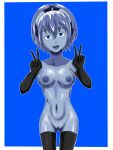  1girl areola big_breasts black_gloves black_legwear blue_background blue_eyes blue_hair blue_nipples blue_skin breasts double_v elbow_gloves female_only godzilla:_city_on_the_edge_of_battle godzilla:_monster_planet godzilla:_the_planet_eater godzilla_(series) headband long_gloves metal metal_hair metal_nipples metal_skin metal_vagina mouth_open nanometal nipples polygon_pictures pussy shiny shiny_hair shiny_skin short_hair solo_female solo_focus stockings stomach teeth thighs toho_(film_company) v wide_hips yuko_tani 