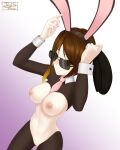  1girl 2022 big_breasts breasts brown_hair bunny_ears bunnysuit coco_adel exposed_breasts female_only jay156 nipples pussy reverse_bunnysuit rwby short_hair sunglasses tinted_eyewear two_tone_hair yellow_hair 