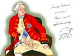  blue_eyes blush british chair colonialfox england english_text fine_art_parody georgian history king king_george_iii looking_at_viewer male male_focus male_only open_pants penis presenting royalty sitting solo_male testicle uncut uniform 