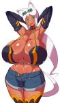  1girl animal_ears armpits arms_behind_head blue_eyes bra breasts cat_ears curvy denim denim_shorts elbow_gloves female gigantic_breasts gloves goggles hands_behind_head high_res highres hips huge_breasts jeans kaiten_muten-maru long_hair mound_of_venus naughty_face open_mouth pants ponytail sasaki_tatsuya shamu_meruruusa shorts simple_background smile solo standing stockings thick_thighs thighhighs thighs unbuttoned underwear unzipped very_long_hair white_background white_hair wide_hips 