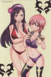  2girls bikini blush breasts character_name cleavage fairy_tail finger_to_mouth flower hairband highres large_breasts long_hair mashima_hiro meredy_(fairy_tail) midriff multiple_girls navel pink_hair purple_eyes purple_hair short_hair small_breasts swimsuit thighhighs ultear ultear_milkovich 