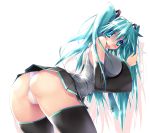     1girl aqua_eyes aqua_hair ass big_breasts breasts detached_sleeves miku_hatsune leaning_forward long_hair neck_tie open_mouth panties scatter_milk skirt solo sweat stockings underwear vocaloid    
