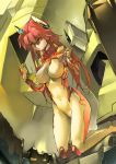  1girl bad_id bh001 bodysuit copyright_request erect_nipples hentai highres kneeling long_hair red_hair redhead robot_ears skin_tight solo wretch yellow_eyes 