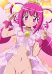  1girl blush bottomless breasts long_hair navel pink_background pink_eyes pink_hair precure pussy see-through smile solo star 