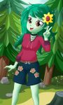  1_girl 1girl clothed equestria_girls female female_only forest freckles friendship_is_magic green_hair horsecat long_hair looking_at_viewer my_little_pony outdoor outside shorts solo standing v wallflower_blush 