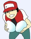  1boy black_hair eggs grin hat mega_milk pokemon red_(pokemon) red_eyes titty_monster 