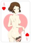  1girl ass breasts brown_hair cards heart looking_back nipples nude short_hair smile solo 