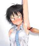  1girl angry arm_up armpit_sex armpits bare_shoulders black_hair blush bra bust censored cum cum_on_body cum_on_upper_body face female grimace nanaichi necktie original penis plaid red_eyes see-through shadow shirt short_hair showing_armpits sleeveless sleeveless_shirt solo solo_focus sweat tears underwear upper_body white_background 