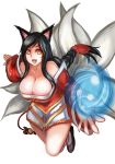  1girl ahri animal_ears bare_shoulders black_hair breasts brown_eyes detached_sleeves female fox_ears fox_tail huge_breasts large_breasts league_of_legends long_hair looking_at_viewer low_neckline qblade smile solo tail thighs 