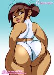 1girl 2022 alternate_version_available asian_female bbw big_ass blue_background brown_hair chickpea clothed_female color colored dark-skinned_female disney disney_channel fat_ass female_only grabbing_own_ass hair_bun huge_ass looking_back looking_over_shoulder massive_ass milf presenting_hindquarters rear_view sfw sharon_mcgee simple_background the_ghost_and_molly_mcgee