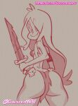 1girl 2023 ass barbarian big_ass bikini chickpea dumm_comics huge_ass loincloth long_hair looking_at_viewer looking_over_shoulder monochrome no_background pink_theme presenting_hindquarters skadi_(character) smile standing sword thick_thighs